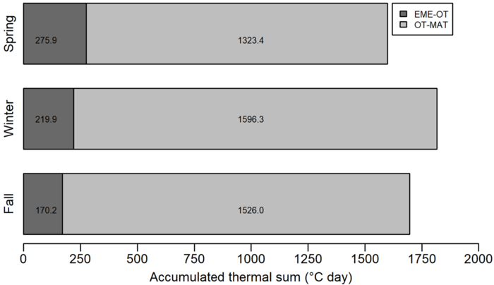 Duration of the emergence to onset of tuberization (EME - OT) and onset of tuberization to maturation (OT - MAT) phases in accumulated degree days in the three growing seasons of yacon (April 20, 2013 - Fall; July 20, 2013 - Winter; and September 20, 2013 - Spring).