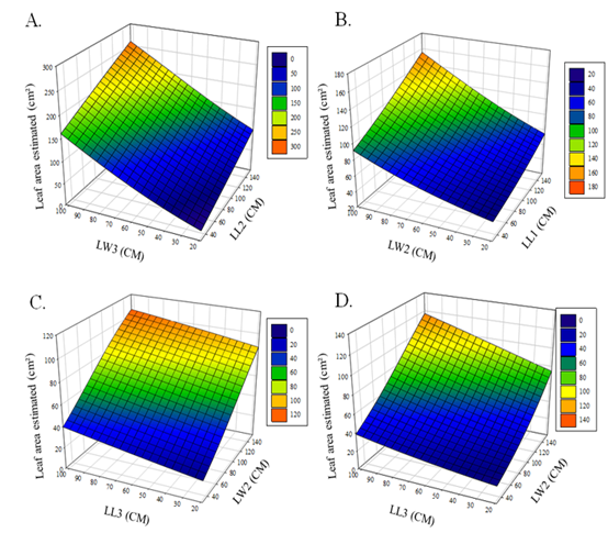 Response surface of predicted leaf area (cm2) in function of the width and length values of leaves from group 1 (a), group 2 (b), group 3 (c), and for all the groups (d).