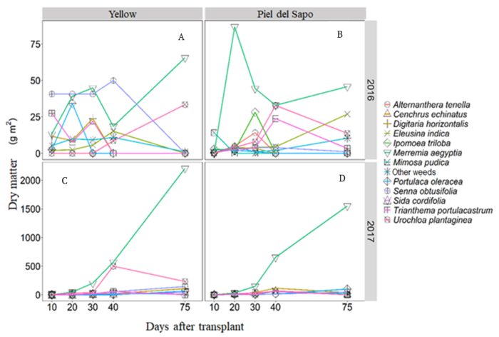 Weed relative dry matter in the area evaluated at 10, 20, 30, 40, and 75 DAT in the melon. A: yellow in 2016; B: frog skin in 2016; C: yellow in 2017; D: frog skin in 2017. UFERSA, Mossoró, Rio Grande do Norte State, Brazil.