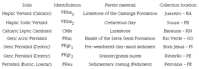 Identification of studied soils, with their respective parent material and collection location. 
