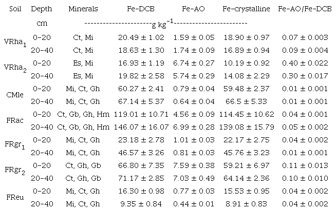 Minerals of clay fraction of the soils, Fe oxide content extracted by dithionite-citrate-bicarbonate (DCB) (Fe-DCB) and ammonium oxalate (AO) (Fe-AO), as well as Fe-crystalline [(Fe-DCB) - (Fe-AO)] and the relationship Fe-AO/Fe-DCB.