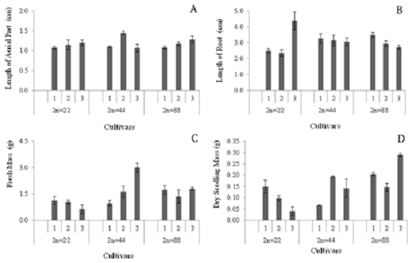 Length of aerial part (A) and root (B), fresh mass (C), and dry seedling mass (D) of forage palm cultivars of the genera Opuntia and Nopalea, as a function of ploidy level. Diploids (2n = 22) (1 - &lsquo;F8&rsquo;, 2 - &lsquo;F21&rsquo;, and 3 - &lsquo;IPA Sert&acirc;nia&rsquo;); tetraploids (2n = 44) (1 - 'Clone 6 African Elephant Ear', 2 - 'Mexican Elephant Ear', and 3 - 'V19'), and octoploids (2n = 88) (1 - 'Round', 2- 'Giant', and 3 - 'IPA Clone 20'). Averages followed by the same letter, within the same ploidy level, do not differ by the Tukey test at the 5% probability level. The bars represent the means (n = 4) &plusmn; standard error of the mean.