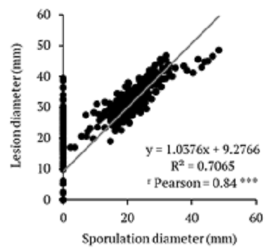 Correlation between sporulation and lesion diameter in wounded fruits of 20 peaches genotypes inoculated with Monilinia fructicola evaluated over three seasons (2015-2016, 2016-2017, and 2017-2018), Embrapa Clima Temperado, Pelotas, Rio Grande do Sul State, Brazil. *** = significant at p &le; 0.001.