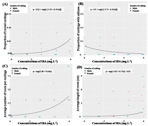 Proportion of rooted cuttings (A), proportion of cuttings with calluses (B), average number of roots per cutting (C), and average length of roots (cm) (D) in stem cuttings of Baccharis dracunculifolia treated with increasing IBA concentrations (mg L&minus;1).