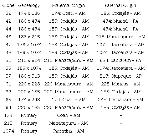Genealogy of the 16 Theobroma grandiflorum clones evaluated in an agroforestry system in the municipality of Tom&eacute;-A&ccedil;u, Par&aacute; State, Brazil.