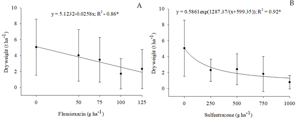Average weed dry weight at 90 DAA of flumioxazin (A) and sulfentrazone (B) on cassava varieties cultivated in soils with different textures. * Significant at 5% as per the F-test. Bars indicate standard deviations of the means.