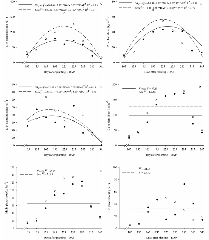 Contents of N, P, K, Ca, Mg, and S in the shoot of the arrowroot varieties Vi&ccedil;osa and Seta throughout the cultivation cycle. **Significant at 1% probability by the t-test.