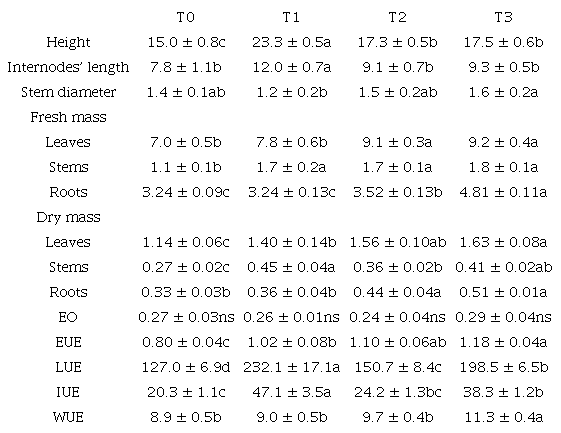 Height (cm); internodes length (mm); stem diameter (mm); fresh mass and dry masses of leaves, stem and root (mg&middot;plant-1); essential oil yield (EO, %); electricity use efficiency (EUE, mg&middot;kW-1); light use efficiency (LUE, mg&middot;mol-1); illuminance use efficiency (IUE, mg&middot;lm-1); and water use efficiency (WUE, g&middot;L-1) of Lavandula dentata plants after 60 days of growing phase, under light treatments.