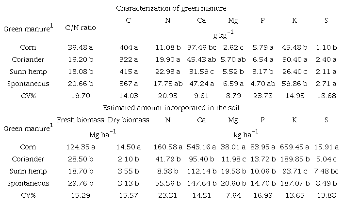 Characterization of the green manures (corn, coriander, sunn hemp, and spontaneous vegetation) and the amount of fresh and dry biomass and nutrients incorporated into the soil before the transplantation of broccoli seedlings.