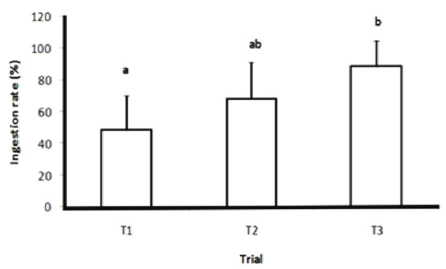 Ingestion rate of lipid-walled microcapsules of O. gourami larvae. Bars represented by different superscript letters indicate significantly different values (p < 0.05).
