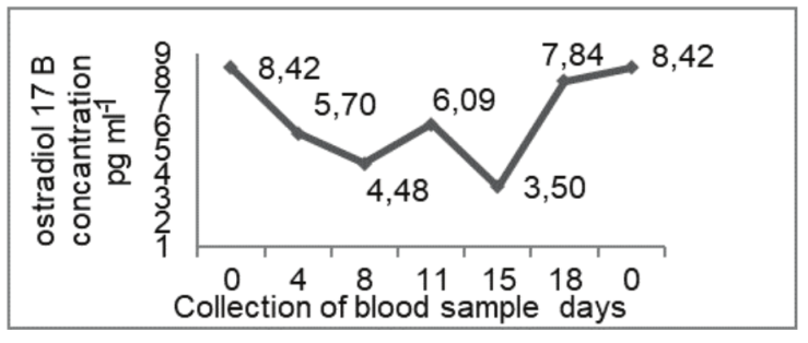 mean values of estradiol 17β obtained from the three estrous cycles of 11 ewes. 0 = estrous.