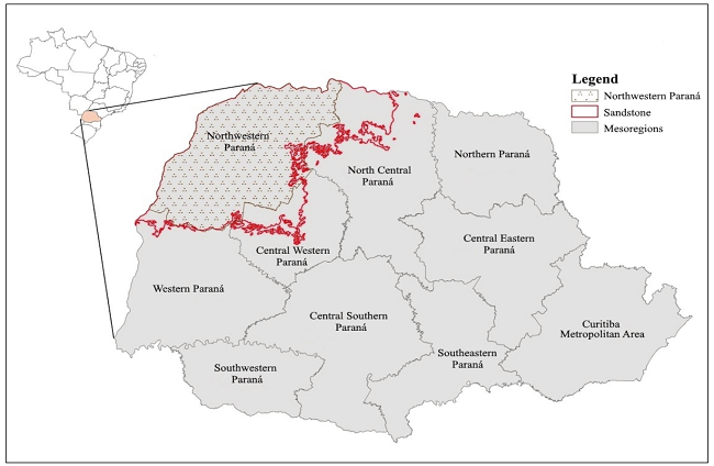Area covered by the study and by Caiuá sandstone in Northwestern Paraná.