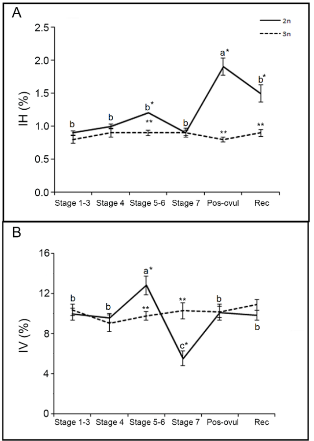 A) Hepatosomatic (HSI) and B) Viscero-somatic index (VSI) for diploid (2n) (continuous line) and triploid (3n) (dashed line) female of O. mykiss during their reproductive cycle (Mean ± S.E.). *Different symbols indicate significant differences (p = 0.05) between groups. abDifferent letters indicate significant differences during the reproductive cycle within 2n and 3n females. Post-ovulatory: Post-ovul., Recovery: Rec.