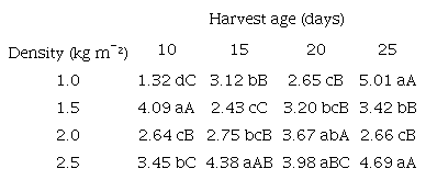 Production of dry matter of complete forage of hydroponic corn (corn + substrate) as a function of sowing density (kg m-²) and harvest ages (days).