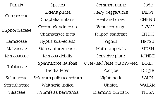 List of spontaneous species observed in a Brachiaria decumbens pasture after being subjected to different grazing intensities.