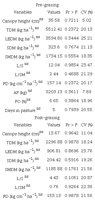 Mean canopy height, total dry mass available (TDM), leaf blade dry mass (LBDM), stem dry mass (SDM), senescent material dry mass (SMDM), leaf: stem ratio (L/S), leaf: senescent material ratio (L/SM), forage density (FD), available forage (AF), forage offer (FO) of Megathyrsus maximus x M. infestum cv Massai and the average days in sheep pasture in the water restriction season.