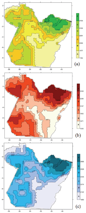 Homogenous rainfall regions in the state of Par&aacute;, with rainfall iso-surfaces in mm. a) Every year - average annual rainfall; b) El Ni&ntilde;o years - average annual rainfall; and c) La Ni&ntilde;a years - average annual rainfall.