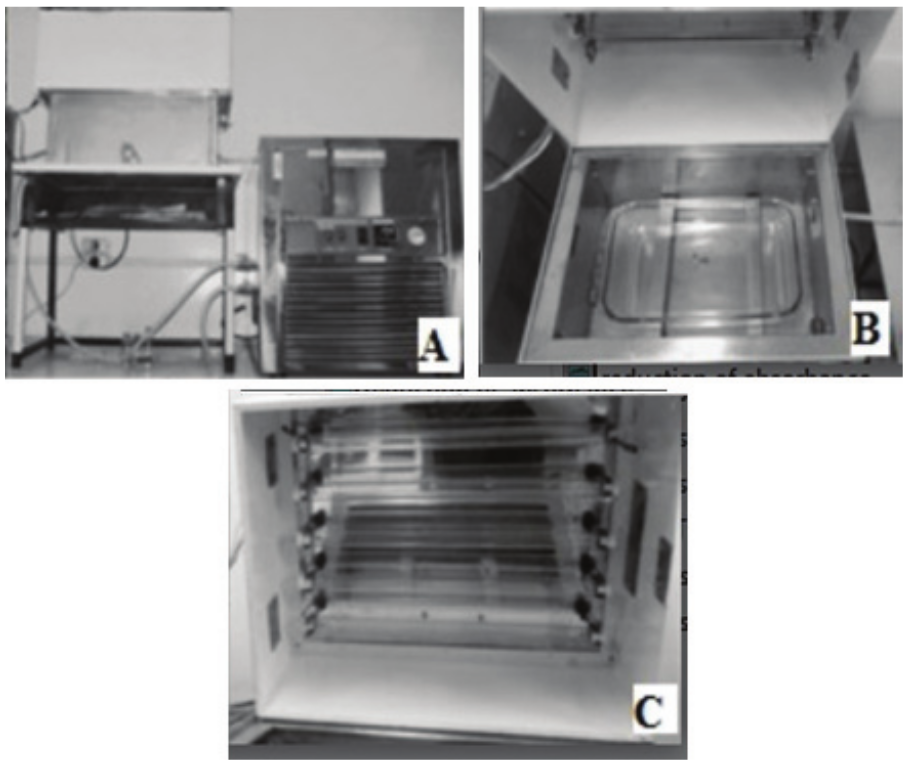 (A) Photoreactor, (B) Internal view of the photoreactor and (C) Germecide lamp position.