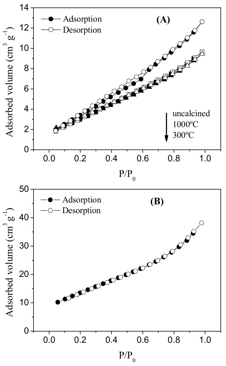 Adsorption-desorption isotherms of catalysts: (A) TiO2 Kronos uncalcined and calcined at 300 and 1000oC and (B) TiO2 P25