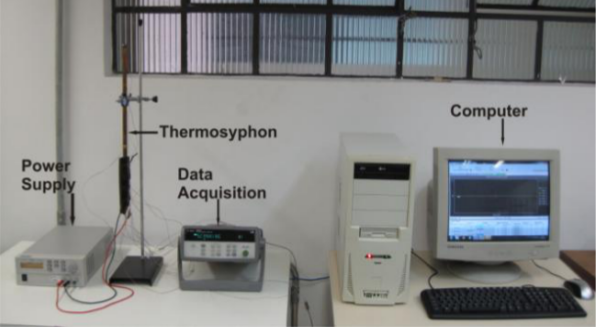 Test rig for the tests of copper thermosyphon cooled by air forced convection.