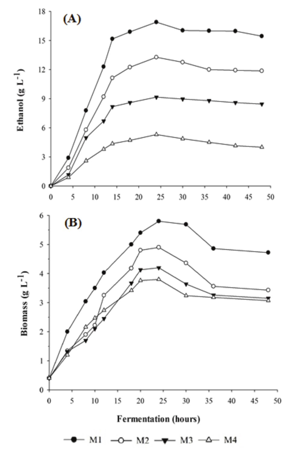  Ethanol production (A) and biomass production (B) by
the yeast K. marxianus
in different whey concentrations after 48 hours fermentation.
