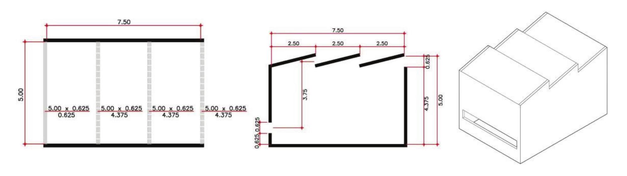 (a)
Horizontal and vertical cross-section and perspective of the building model.