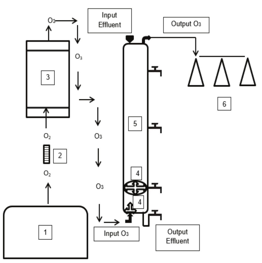  Experimental apparatus: 1) air compressor,
2) gas flow meter, 3) ozone generator, 4) air diffusors, 5) bubble column reactor,
6) flasks to trap the unreacted ozone.