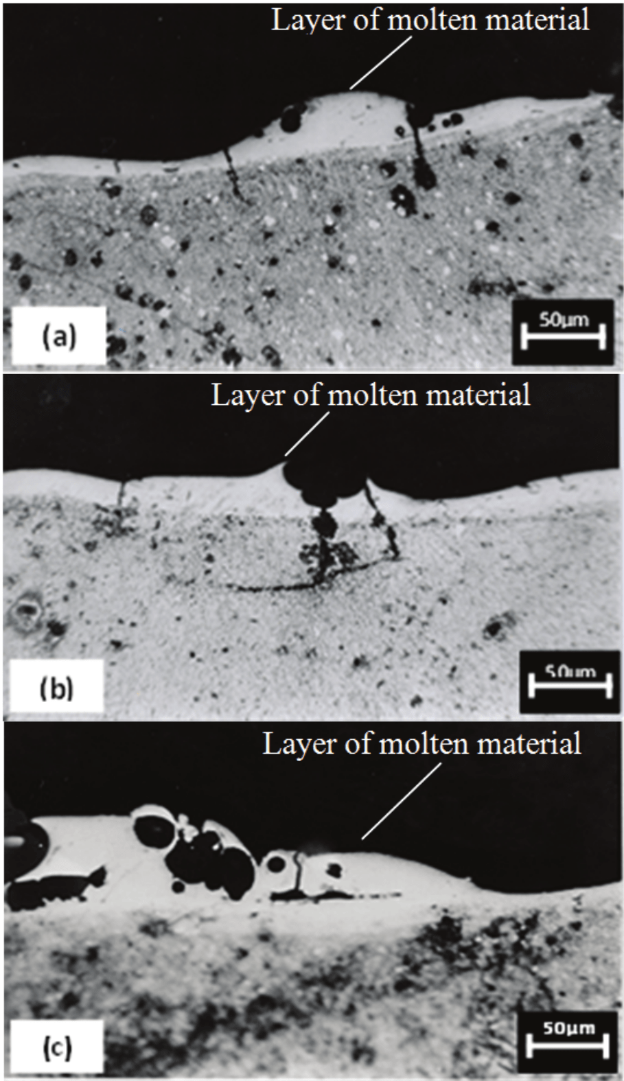 Side view obtained by optical microscopy of the
machined surface of ABNT M2 high speed steel: (a) Dielectric fluid A; (b)
Dielectric fluid B and (c) Dielectric fluid C