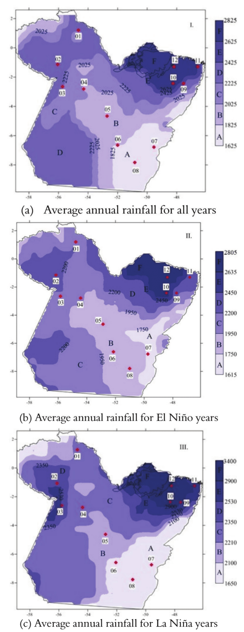  Homogenous rainfall regions in the state of
Par&aacute;, with precipitation isosurfaces in millimeters and the location of rain
gauge stations for model validation