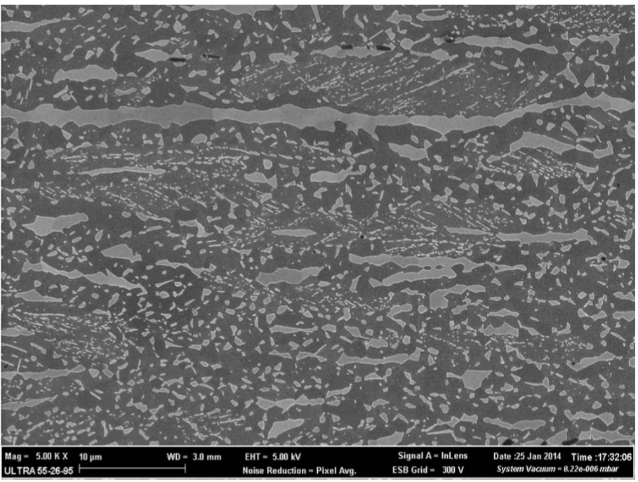 The SEM
test shows B2 crystals (light gray) that are spread throughout the aluminum-steel alloy (dark gray) (Herkewitz, 2015).
