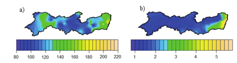  Maximum (a)
and average (b) values (mm) of daily rainfall for 94 meteorological stations in
Pernambuco State, northeastern Brazil.