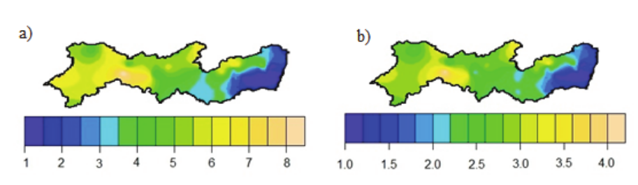  Empirical
lacunarity of 94 meteorological stations utilising
a 0 mm precipitation threshold and windows of 2 (a) and 8 (b) days.