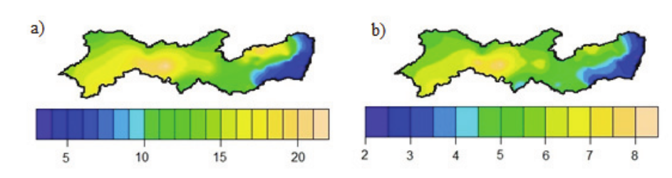  Empirical
lacunarity from 94 meteorological stations using
precipitation thresholds of 10 mm and windows of 2 (a) and 8 (b) days.