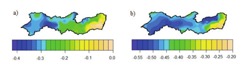  Lacunarity
exponent β for 94
meteorological stations and precipitation thresholds of 0 (a) and 10 mm (b).