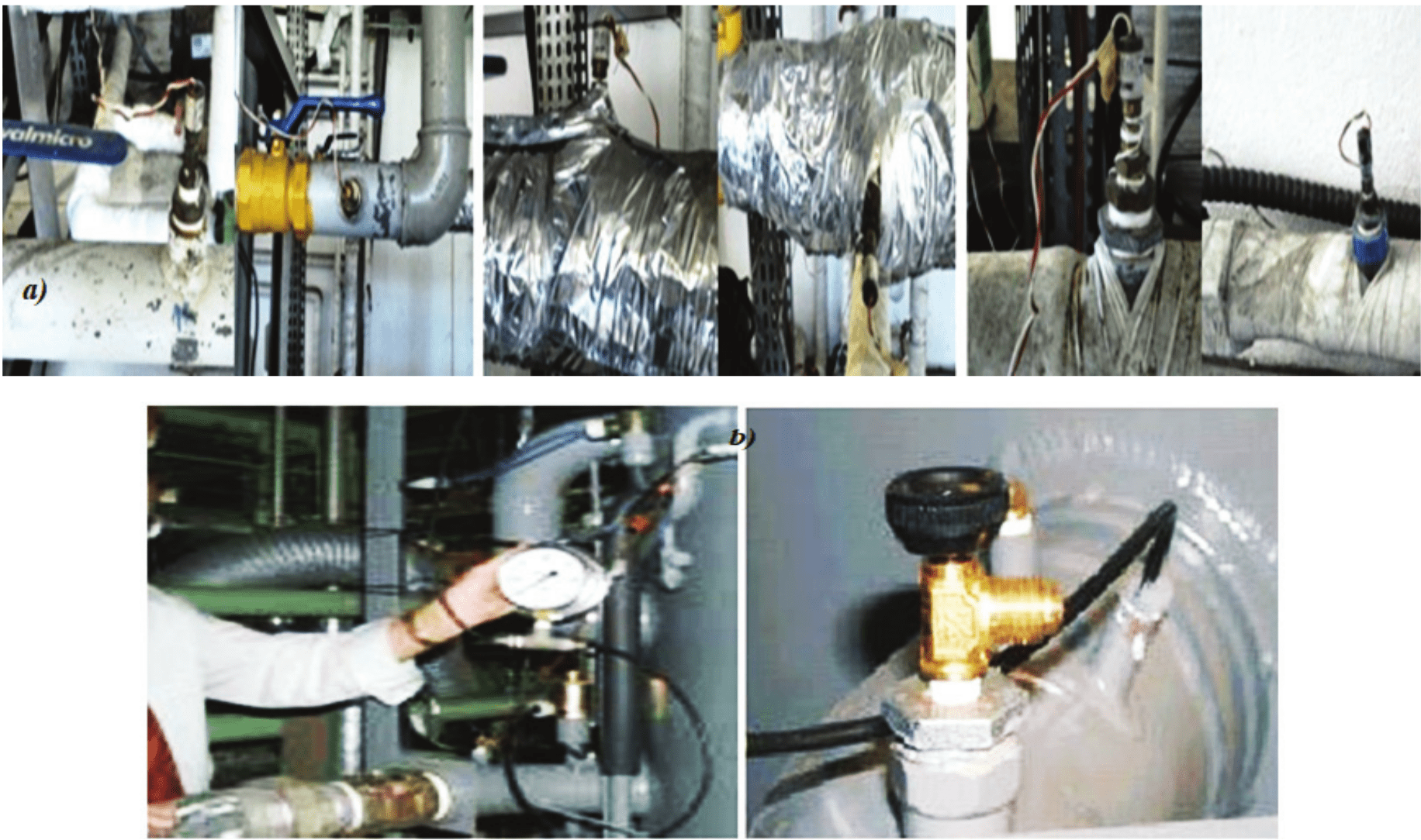 a) Temperature measurement point of the external water circuits, used
in the microgeneration laboratory (cold, hot and chilled water, respectively).
b) Pressure reading socket used to measure the mass flow water rate and
pressure difference of the water circuits (Yazaki Energy System, 2003).