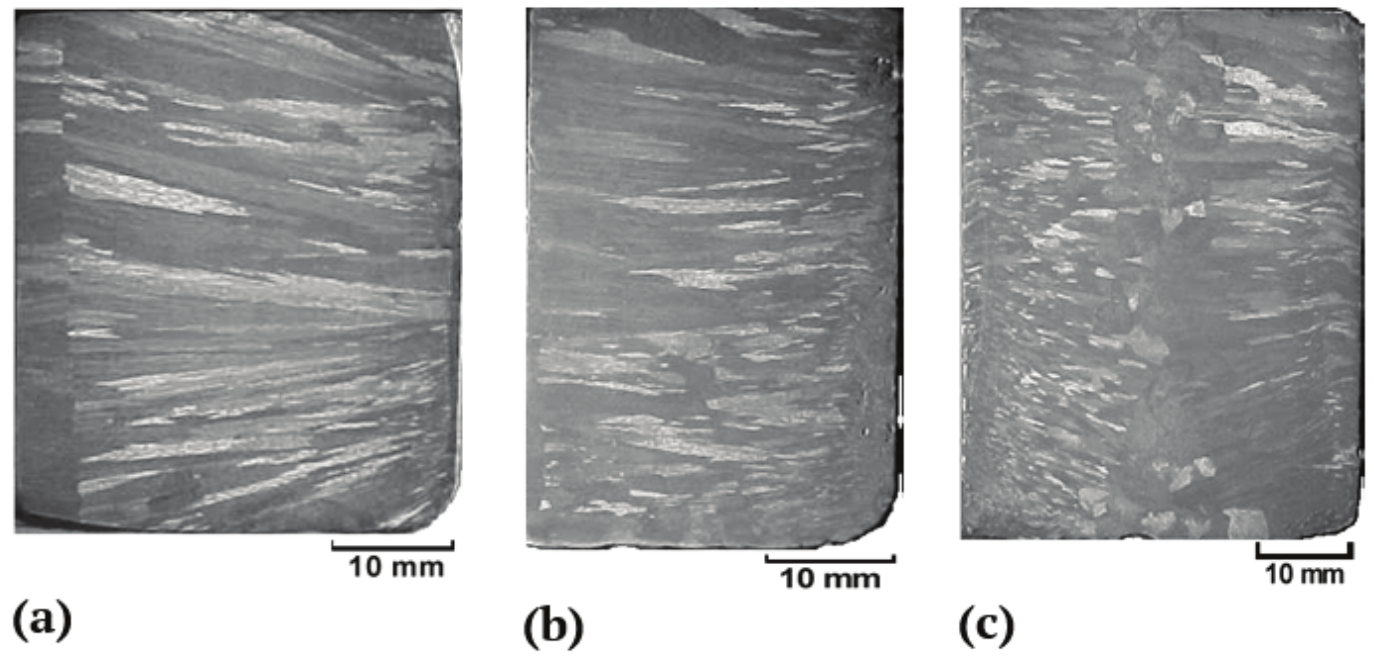 Longitudinal solidification macrostructure of lower section of a 2.5% Sb slab obtained from cooled
mold: (a) without deformation; (b) with 10 mm deformation; and (c) with 20 mm deformation.