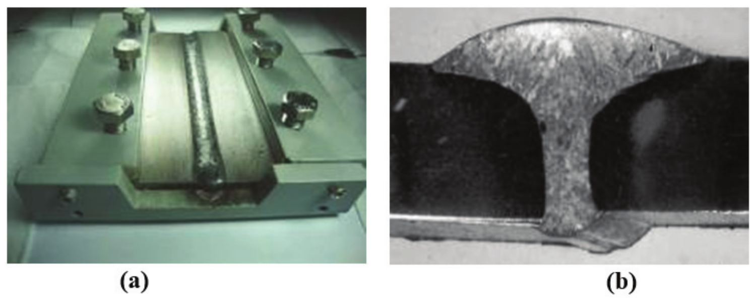  (a) Welded plates in restricted device; (b) The weld bead profile.
