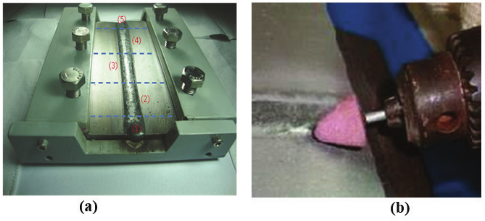  (a) TIG remelt: (1) and (5) disposed; (2) Remelt with TIG 10 Ampere; (3) Re-melt with TIG 20 Ampere;
(4) Remelt with 30 Ampere. (b) Machining. 

 