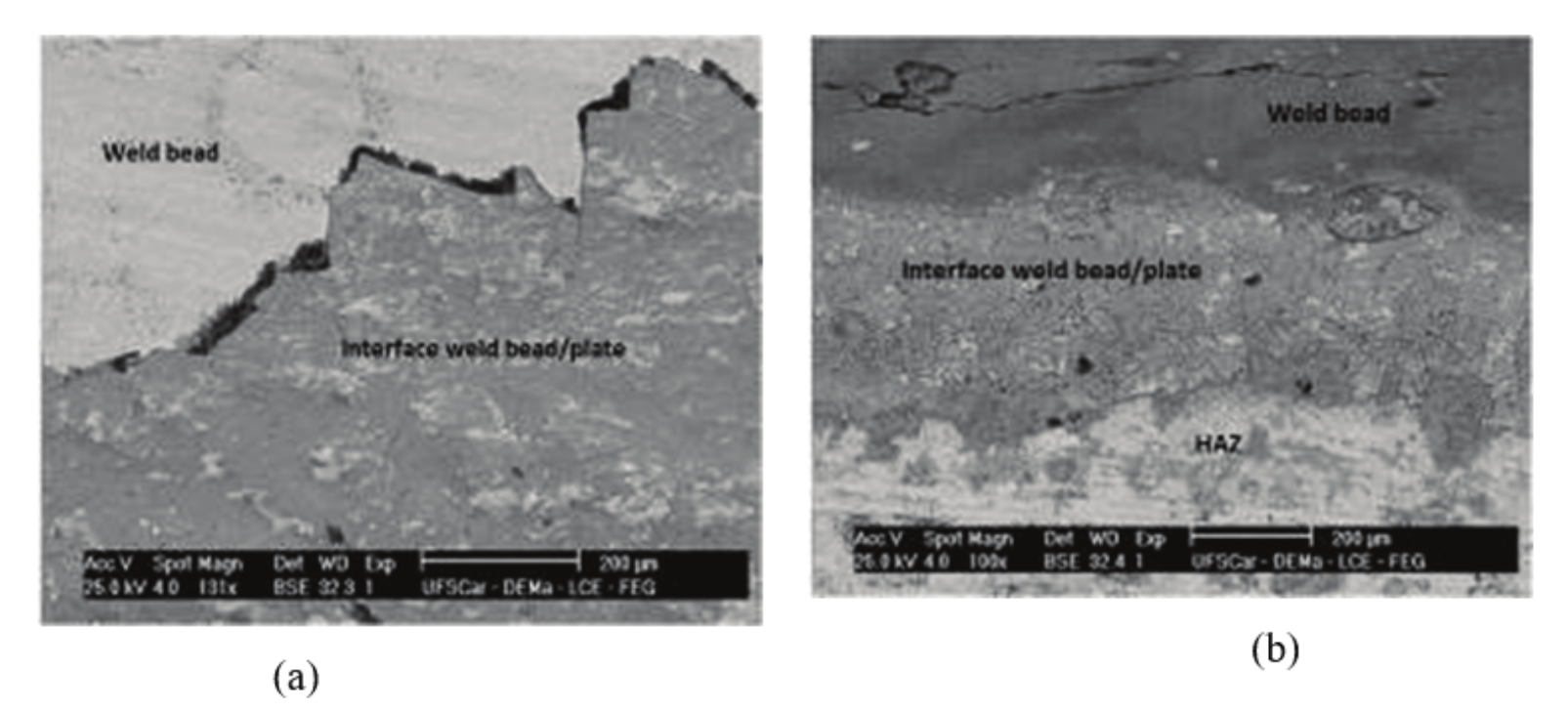 Samples
subjected to the corrosion test in NaCl heated to 80 &plusmn; 2&ordm;C for 10 hours. (a)
MIG/MAG Welding at 45&deg; bevel; (b) MIG/MAG Welding the under the plate.