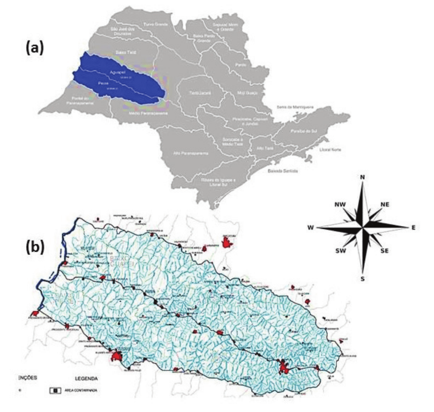  (a) Aguape&iacute;-Peixe River basin located in the western region of
the State of S&atilde;o Paulo (b) Aguape&iacute;-Peixe River basin.