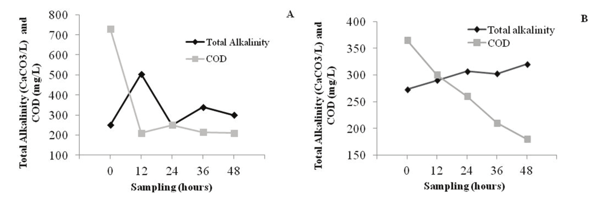 Variation in results of
alkalinity and COD: A) T. domingensis in November and B) P. parviflora in March.