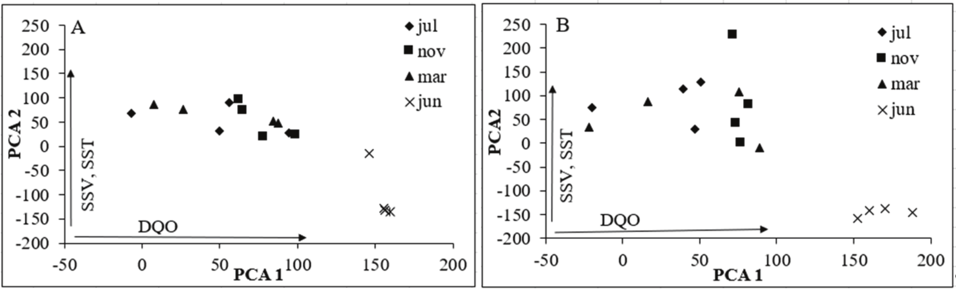 
Ordination of treatment systems for periods of the year: A) Typha domingensis
systems and B) Pontederia parviflora systems. Chemical oxygen
demand (COD),Volatile suspended solids (VSS), Total suspended solids (TSS).