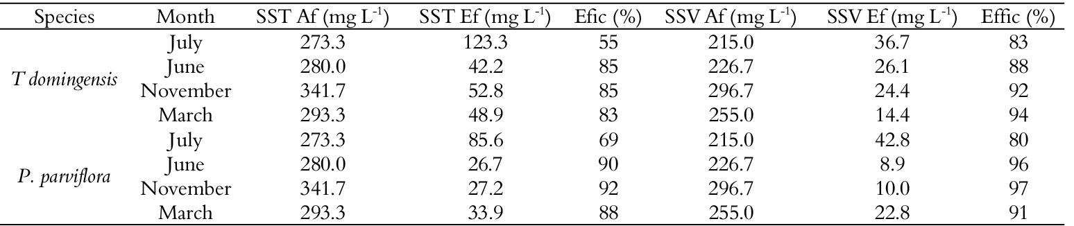  Data on the efficiency of TSS
and VSS reduction obtained in the analyses of the study months in the T. domingensis
and P. parviflora systems. (TSS)
Total suspended solids, (VSS) volatile suspended solids, (If) influent, (Ef) effluent, and (Effic)
efficiency .