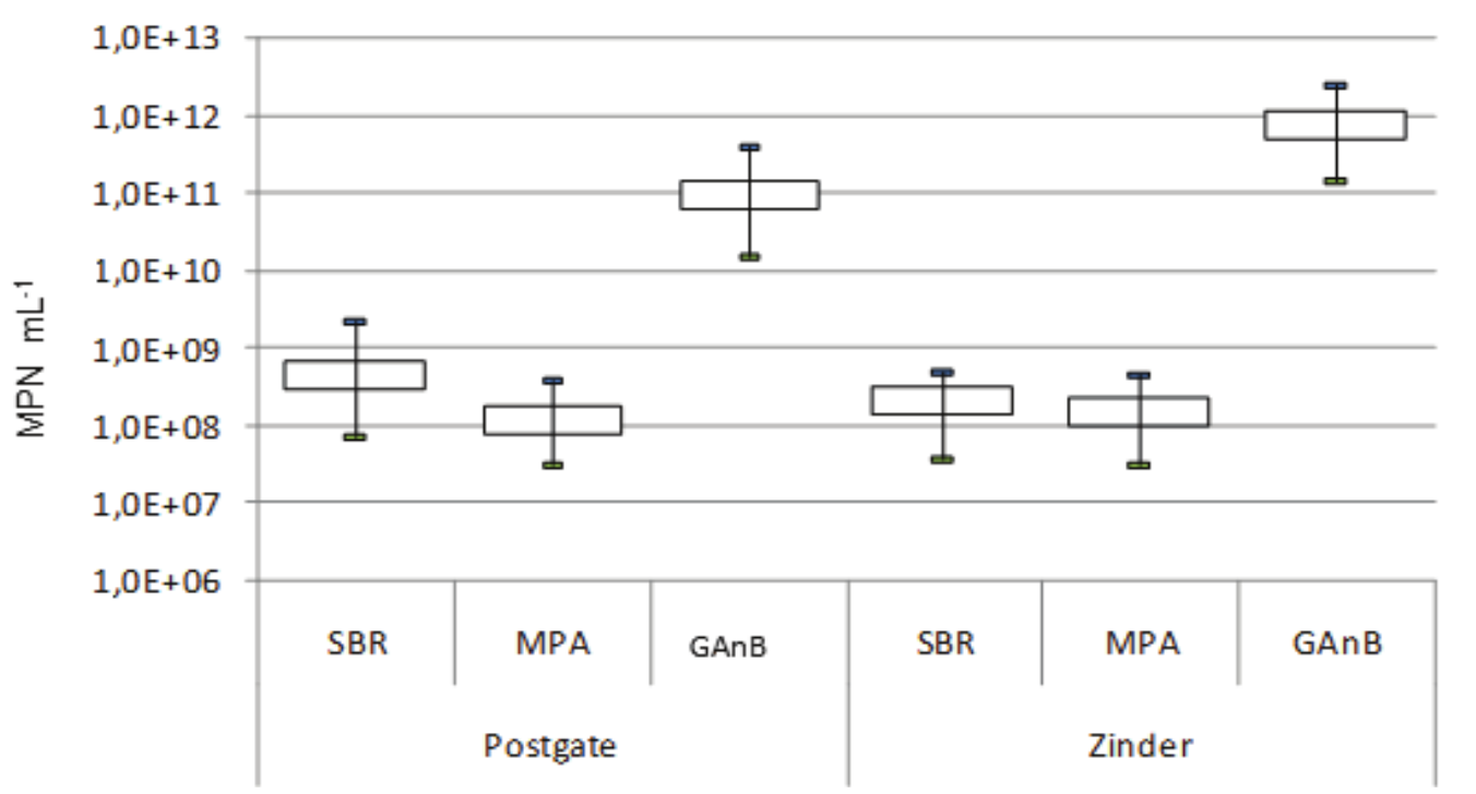 Most Probable Number of SRB, MPA
and GAnB, in the Postgate C and Zinder media. The
error bars represent the lower and upper values of the method. SRB (Sulfate
Reducing Bacteria), MPA (Methane Producing Archaea); GAnB
(General Anaerobic Bacteria).
