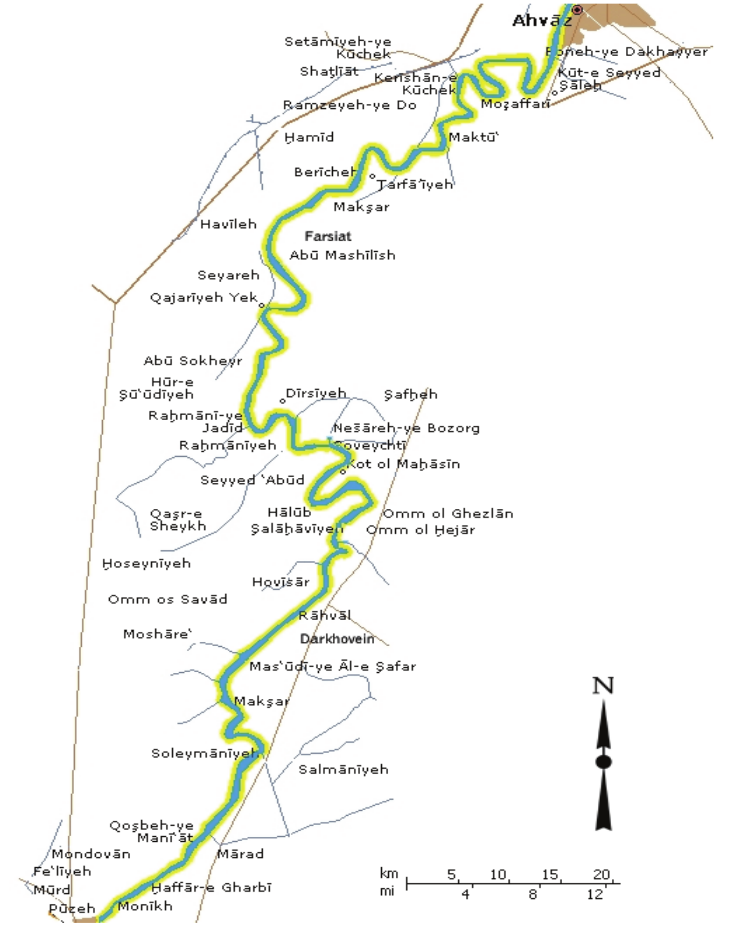 Map of selected reach of the Karun River in Iran.