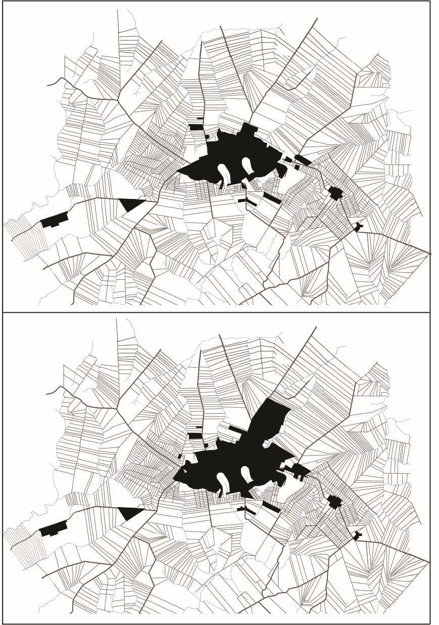 The compact form of the cities of Maring&aacute;, Sarandi and Pai&ccedil;andu. Legend: top to bottom: images corresponding to the years between 1945 and 1960; and the years between 1961 and 1970. Source: Companhia Melhoramentos Norte do Paran&aacute; collection, Prefeitura do Munic&iacute;pio de Maring&aacute; collection. Developed by authors.