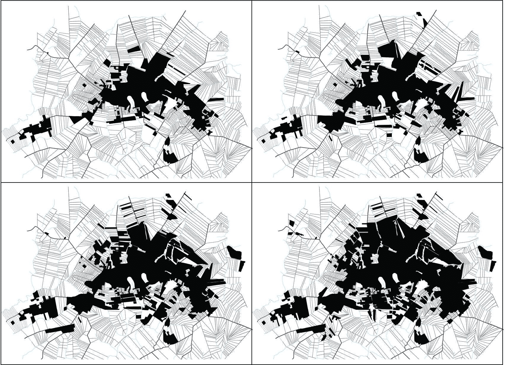 The fragmented limits of the urban fringe of Maring&aacute;. Legend: from top to bottom/from left to right: images corresponding to the years between 1971 to 1980; 1981 to 1990; 1991 to 2000; and from 2001 to 2010. Source: Companhia Melhoramentos Norte do Paran&aacute;, Prefeitura do Munic&iacute;pio de Maring&aacute;, Prefeitura do Munic&iacute;pio de Sarandi, Prefeitura do Munic&iacute;pio de Pai&ccedil;andu. Developed by authors