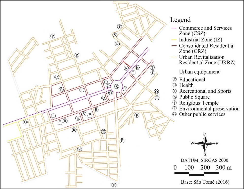 Commercial, industrial and residential zoning with the indication of the location of urban equipment in S�o Tom� Town, state of Paran�. Adapted of S�o Tom� (2006).