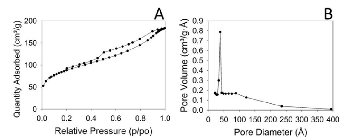 N2 adsorption/desorption isotherm at 77 K for the activated carbon obtained from defective coffee beans (A) and pore volume distribution of AC from DCB (B).