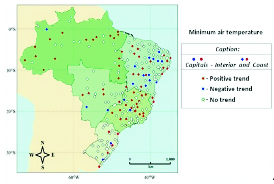 Map of climate trends for &lsquo;T-Min&rsquo; detected in Brazilian cities.